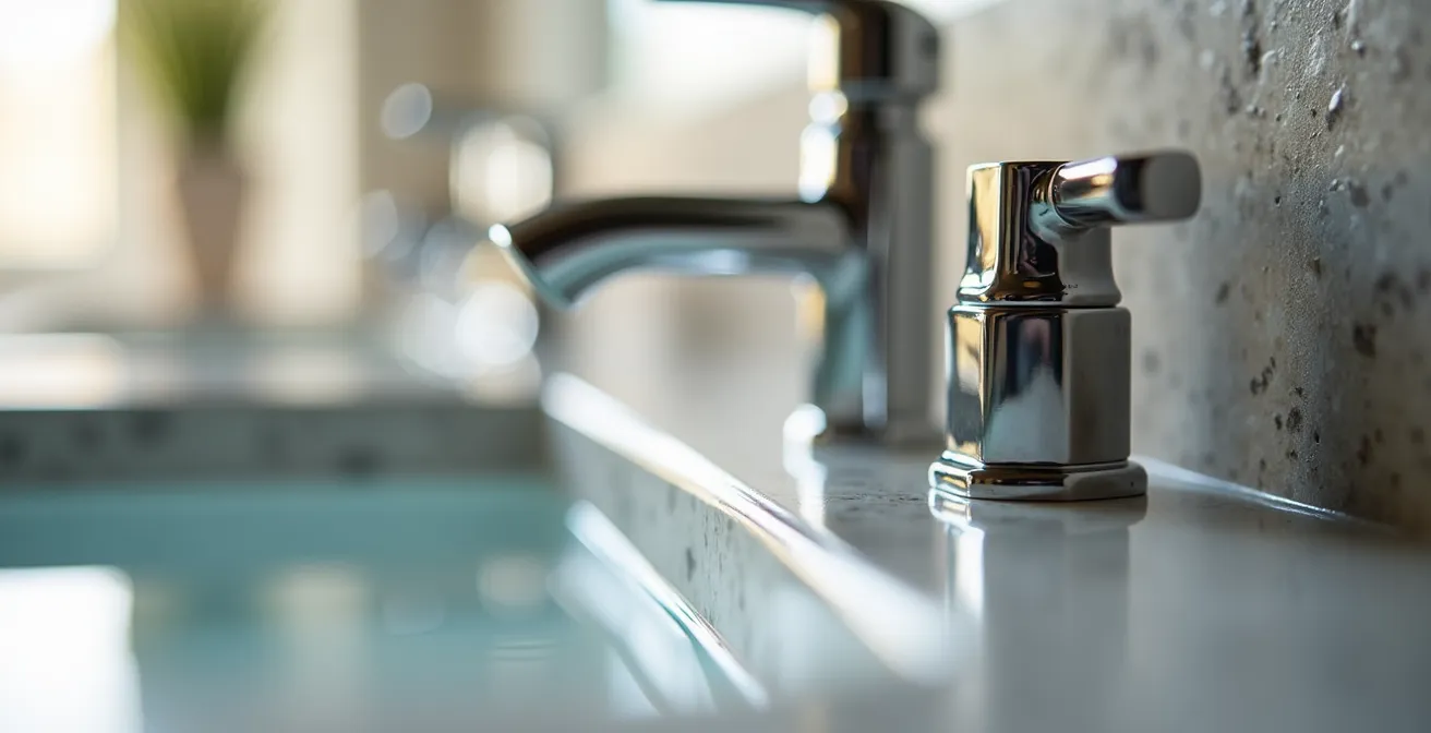 Detailaufnahme von modernen Badarmaturen und Küchenoberflächen