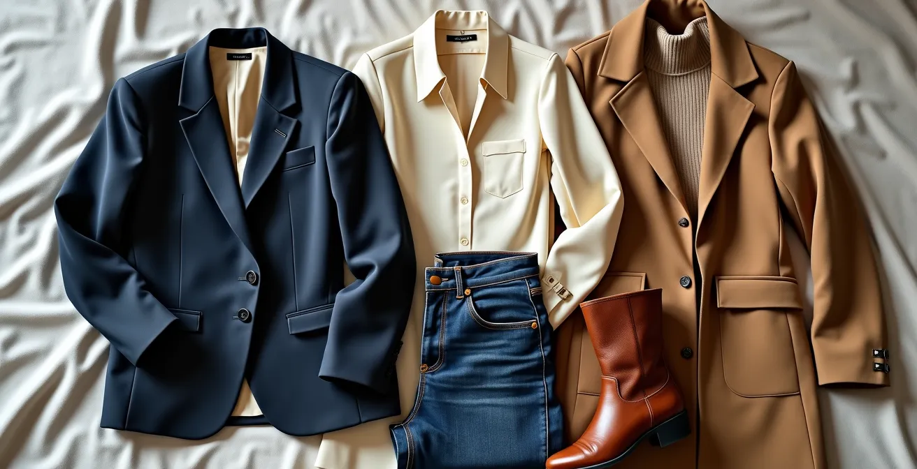 Farblich abgestimmte Second-Hand-Kleidungsstücke auf einem Bett arrangiert, die eine kohärente Capsule Wardrobe bilden.