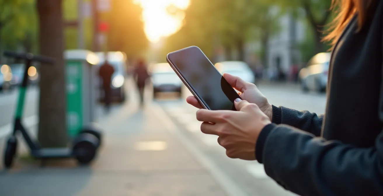 Hand hält Smartphone mit verschwommener Carsharing-App vor städtischer Kulisse mit geteilten Fahrzeugen