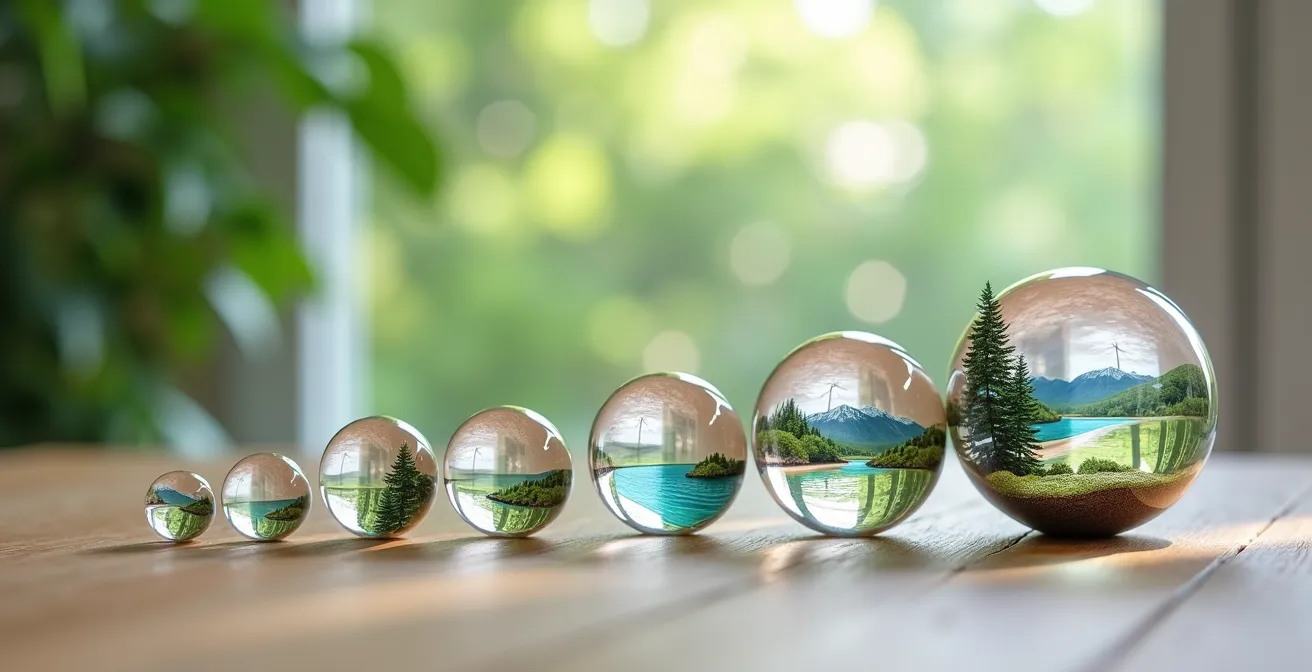 Abstrakte Darstellung verschiedener Reisemöglichkeiten als Kreise unterschiedlicher Größe