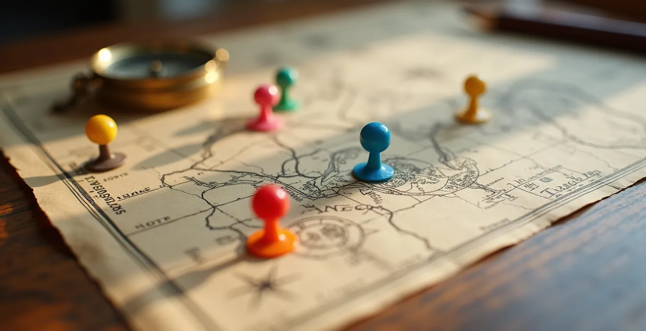 Nahaufnahme einer handgezeichneten Abenteuerkarte mit Markierungen