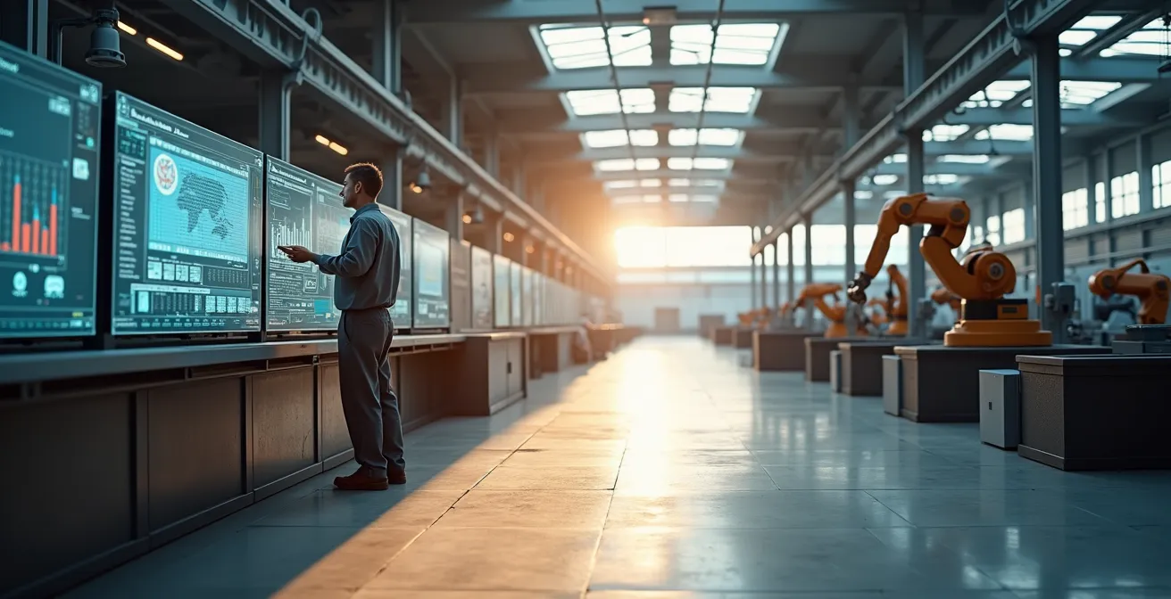 Integration digitaler Services in traditionelle Geschäftsmodelle, die Handwerkskunst und Robotik harmonisch verbindet.