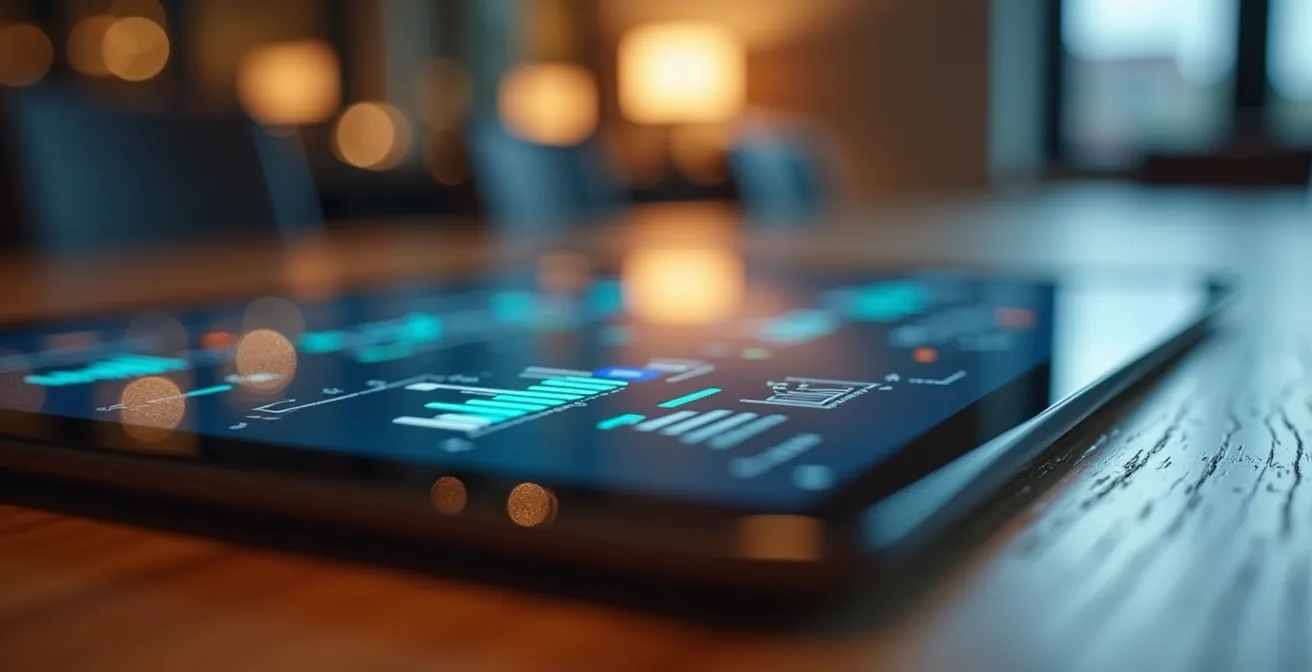 Nahaufnahme eines Tablet-Bildschirms mit verschwommenen Datenvisualisierungen im Büroumfeld