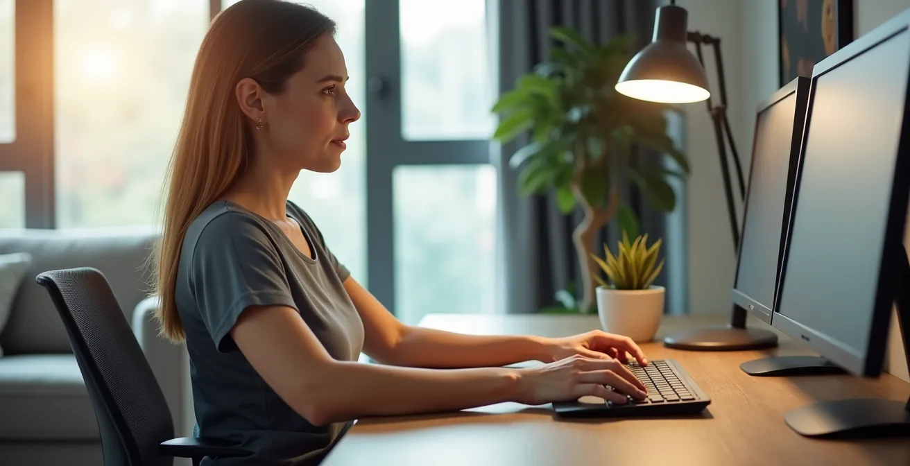 Moderner Sekretär-Schreibtisch in geschlossenem Zustand mit ergonomischem Stuhl