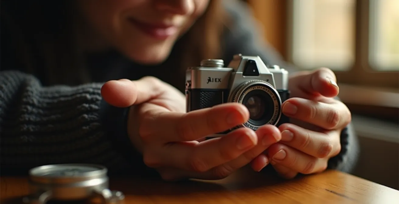 Eine Person betrachtet alte Gegenstände mit einem friedlichen Gesichtsausdruck, was den Prozess des positiven Loslassens symbolisiert.