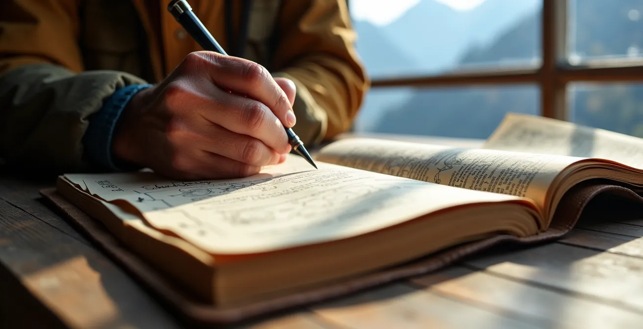 Nahaufnahme eines handgeschriebenen Trainingstagebuches mit topographischer Karte