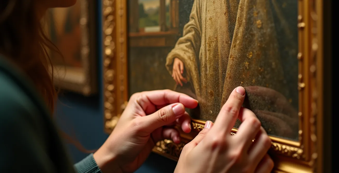 Nahaufnahme einer Hand, die Details eines Renaissance-Gemäldes in den Uffizien studiert