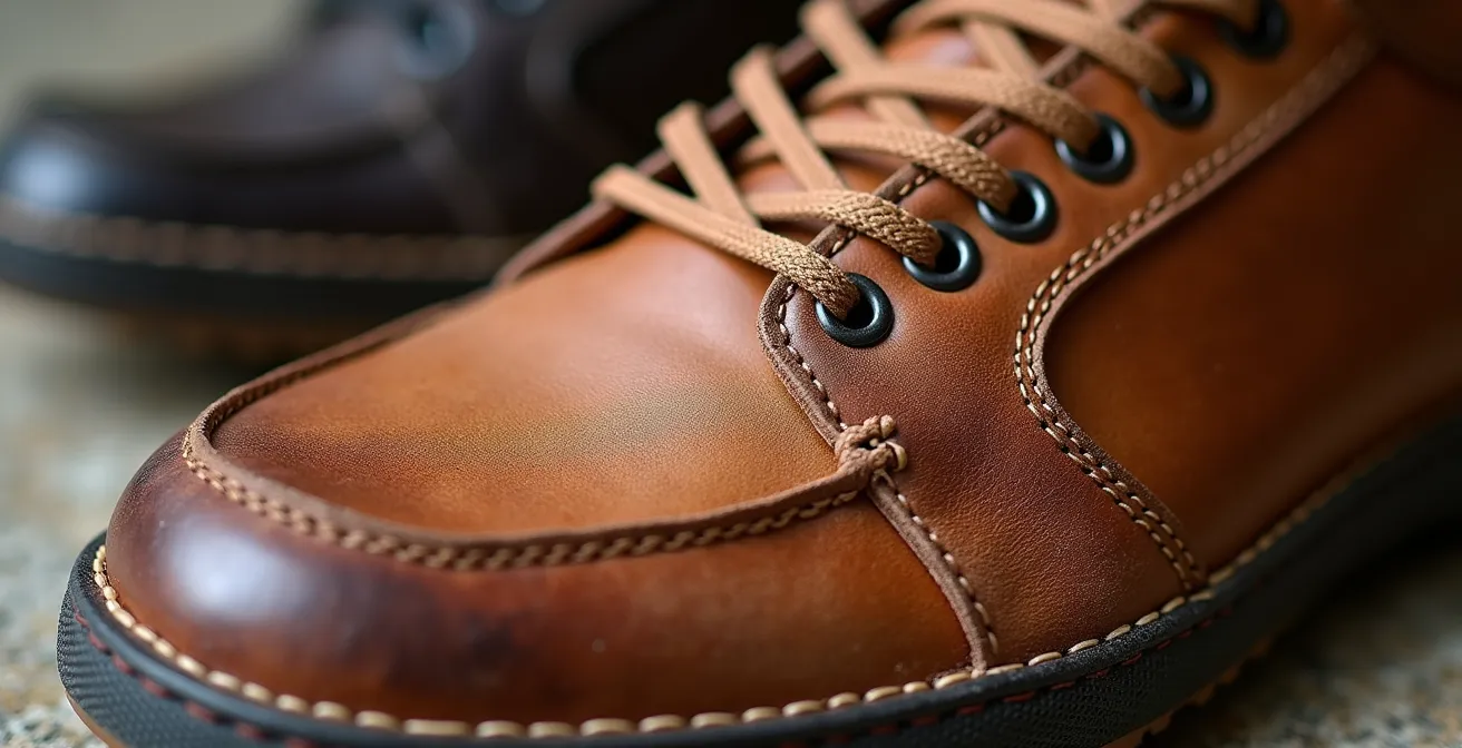 Makroaufnahme eines getragenen Ledersneakers mit natürlicher Patina