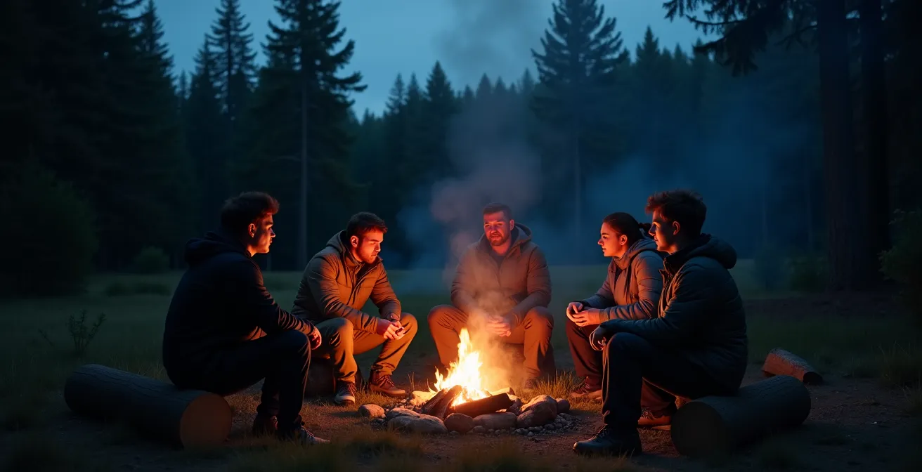 Gruppe am Lagerfeuer in deutscher Waldlichtung während Abenddämmerung