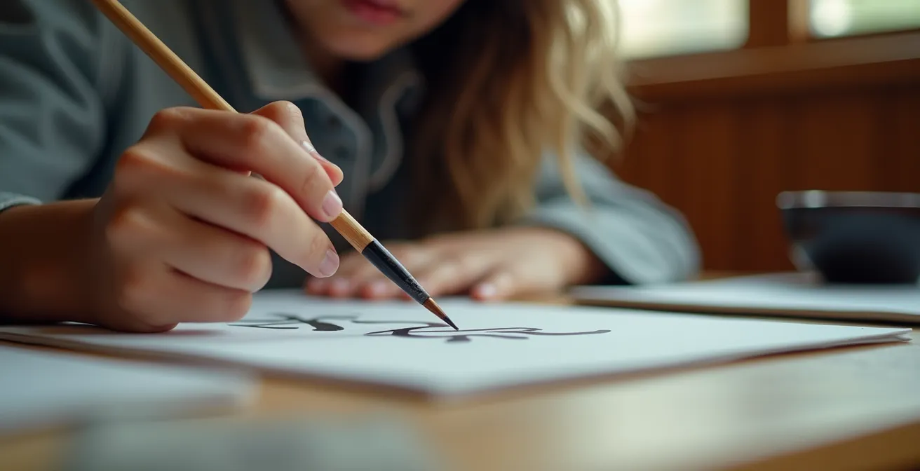 Japanischunterricht in deutscher Volkshochschule mit Kalligrafie-Übungen