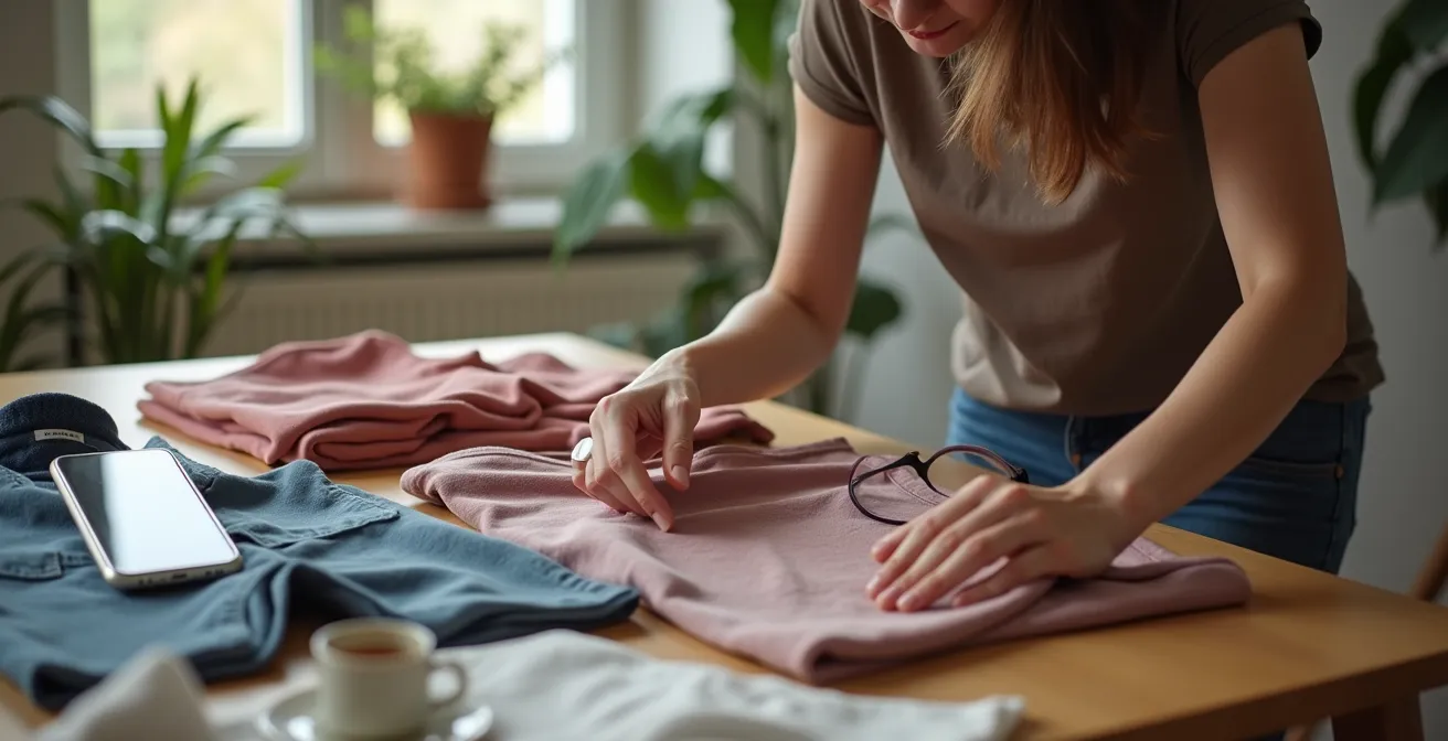 Hände organisieren sorgfältig hochwertige Second-Hand-Kleidung auf einem Tisch, eine pragmatische Budget-Strategie.