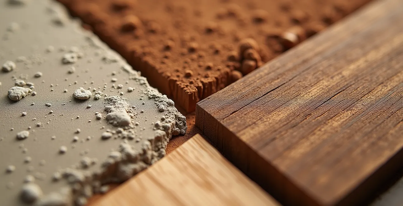 Extreme Nahaufnahme von Lehm- und Holzoberflächen mit sichtbarer natürlicher Textur