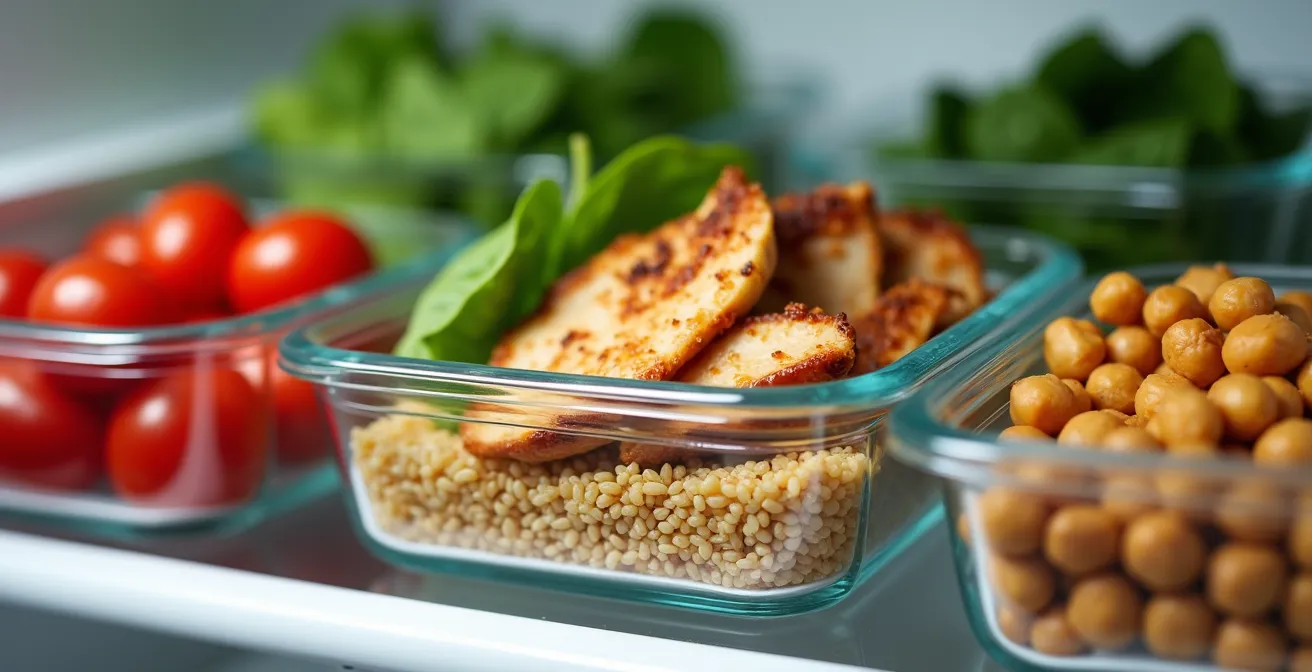 Fünf vorbereitete Meal-Prep-Boxen mit buntem Gemüse und Proteinen im Kühlschrank