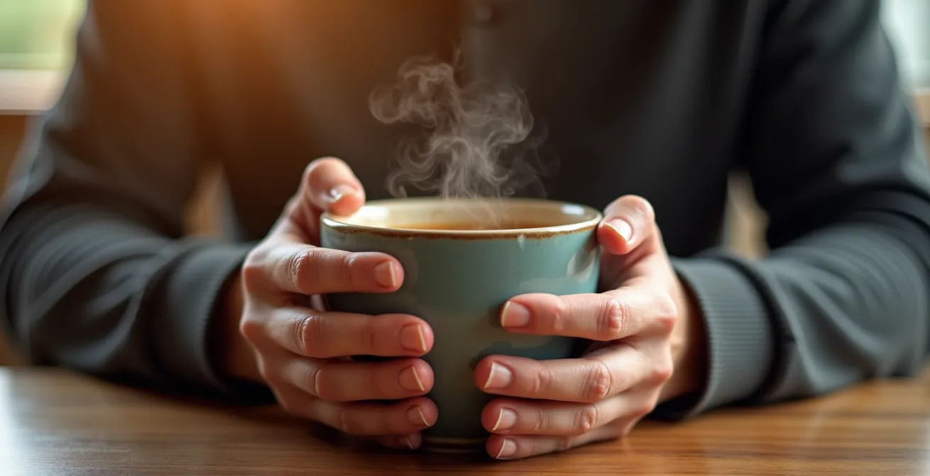 Nahaufnahme von Händen, die achtsam eine Kaffeetasse halten