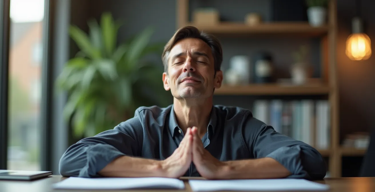 Führungskraft praktiziert kurze Atemübung am Schreibtisch in einem modernen deutschen Büro.