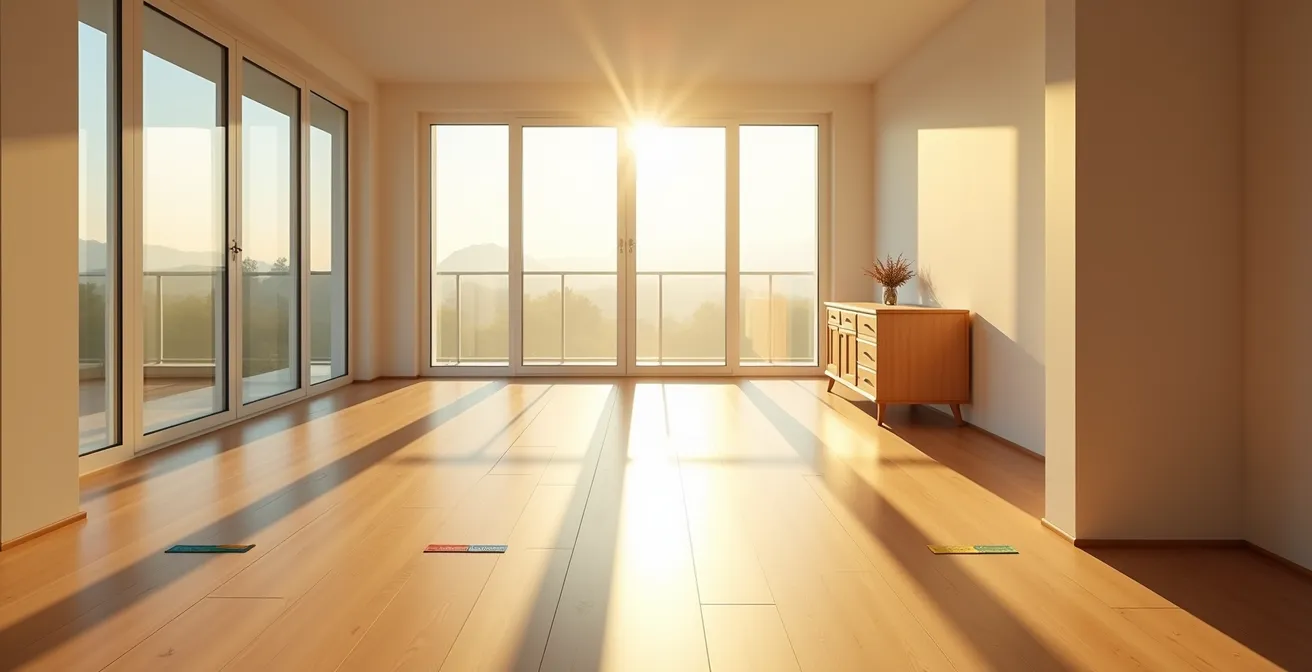 Grundrisszeichnung mit maßstabsgetreu eingezeichneten Möbeln und Bewegungsflächen