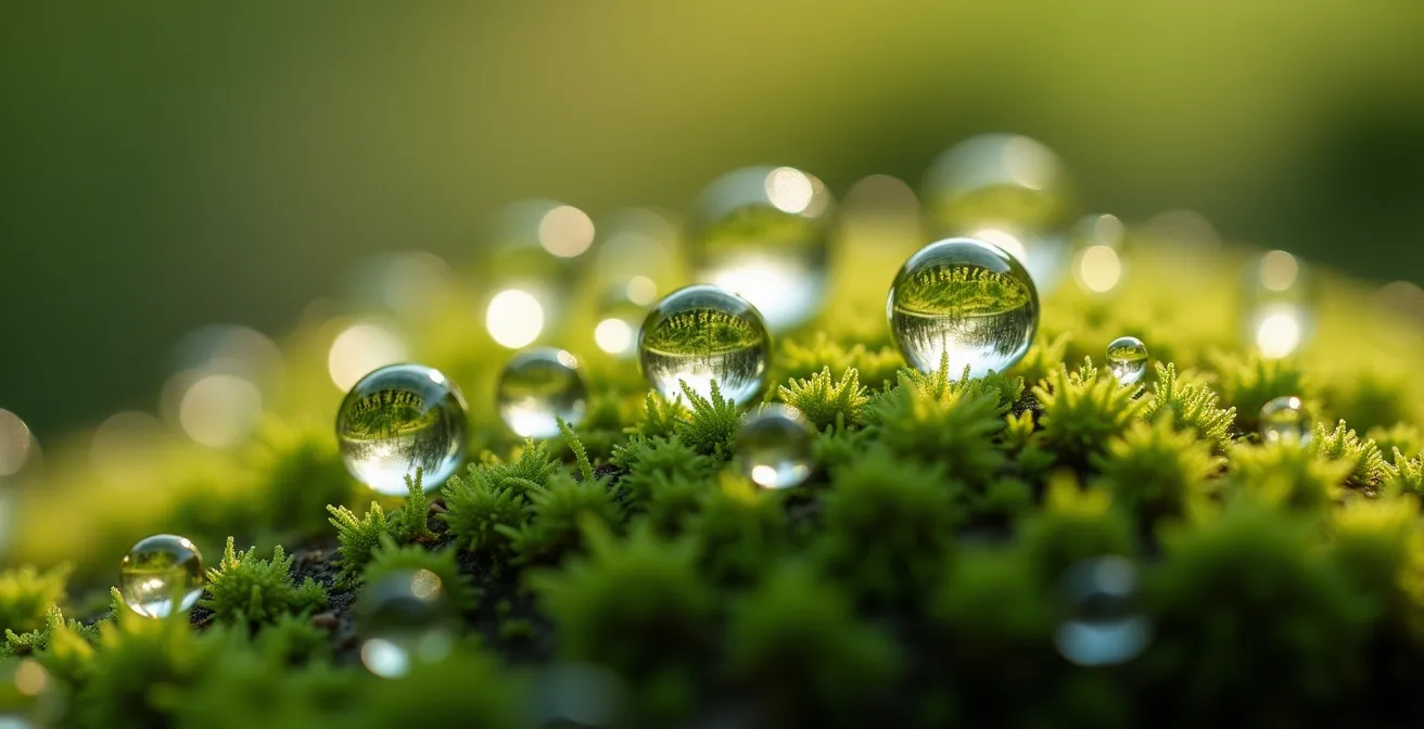 Makroaufnahme von Waldmoos mit Tautropfen im Morgenlicht