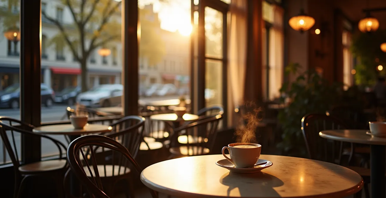 Weitwinkelaufnahme eines leeren Pariser Cafés im Morgengrau mit dampfender Kaffeetasse im Vordergrund