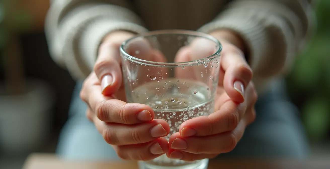 Nahaufnahme einer Hand, die sanft ein Glas Wasser hält während eines Pausenmoments