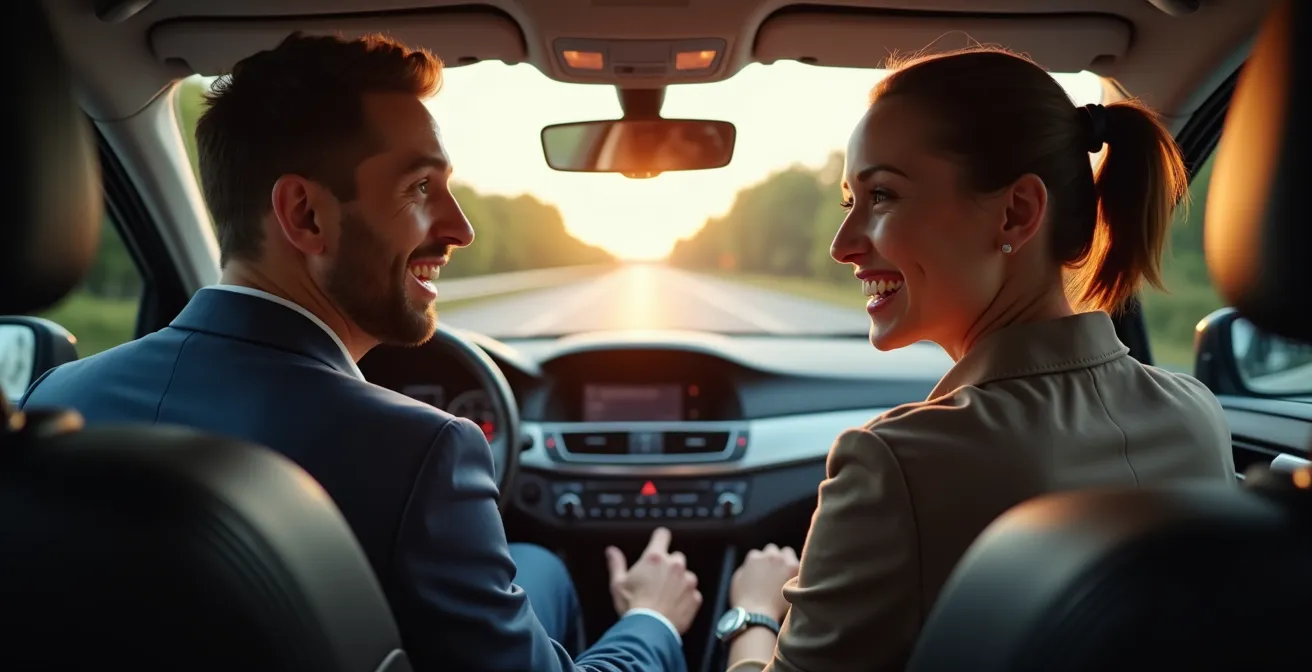 Kollegen unterhalten sich während gemeinsamer Autofahrt zur Arbeit