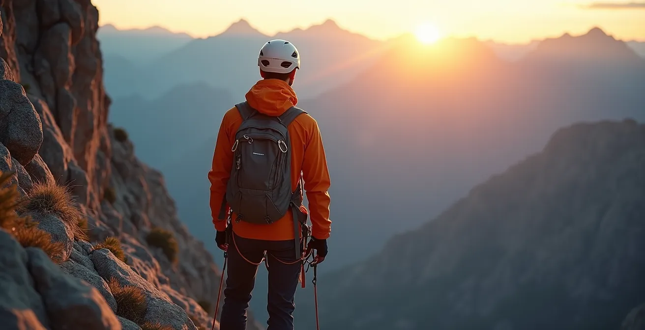 Einsamer Bergsteiger auf schmalem Grat mit dramatischem Abgrund