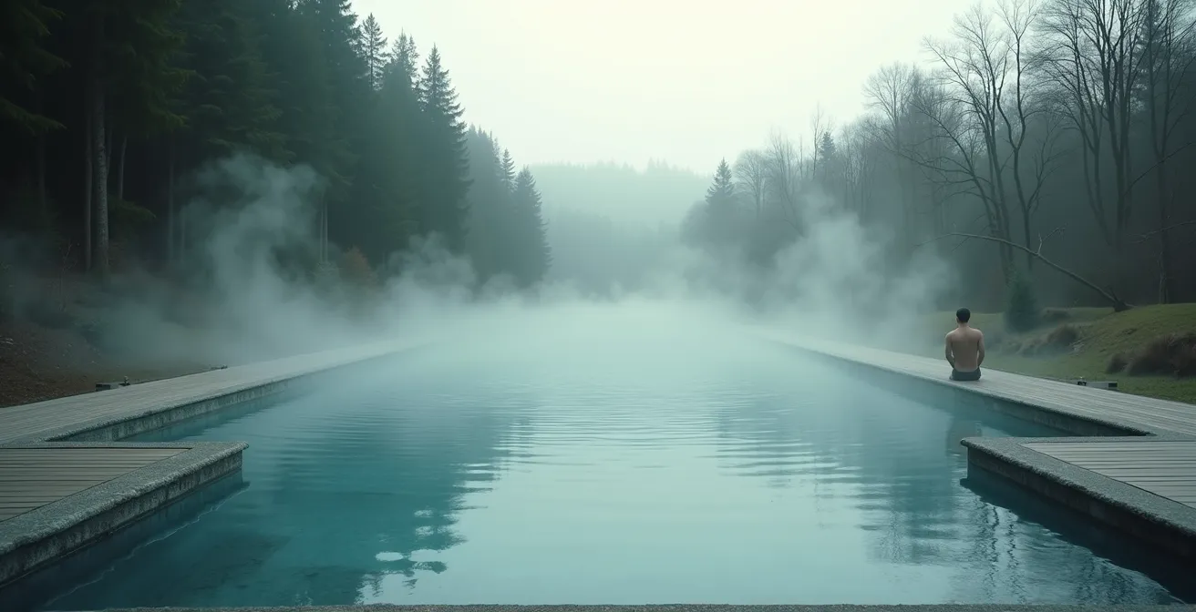 Weitwinkelaufnahme eines naturnahen Thermalbads umgeben von deutschem Wald