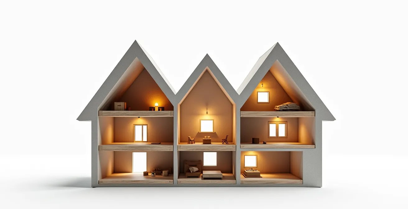 Hausquerschnitt zeigt schrittweise Sanierung vom Dach bis zum Keller