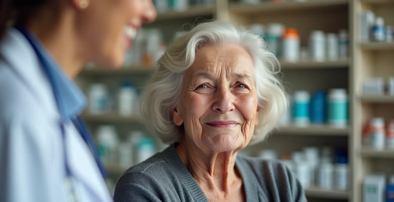 Seniorin erhält Hilfe bei der digitalen Sprechstunde in der Apotheke