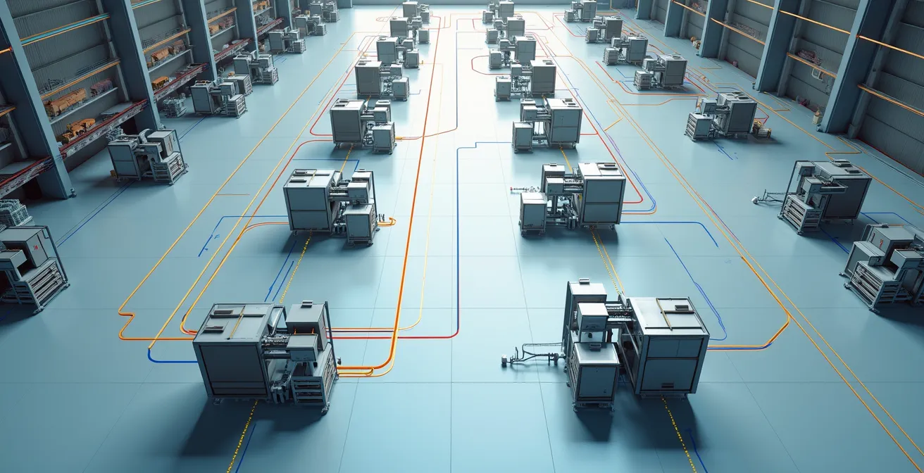 Vogelperspektive einer Produktionshalle mit visualisierten Materialflüssen als farbige Linien