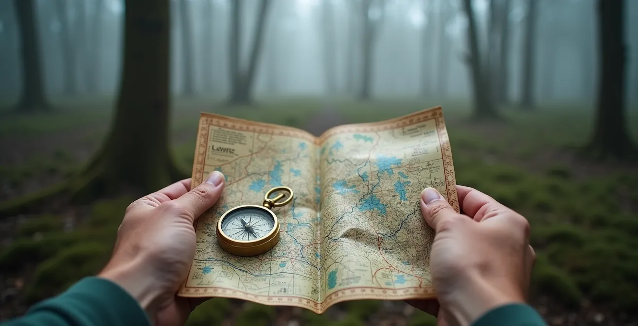 Wanderer studiert Karte und Kompass in nebligem deutschen Mittelgebirge