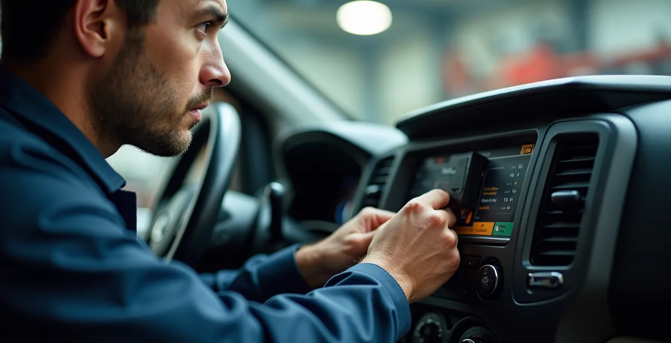 Mechaniker installiert OBD-Telematikgerät in einem Firmenwagen