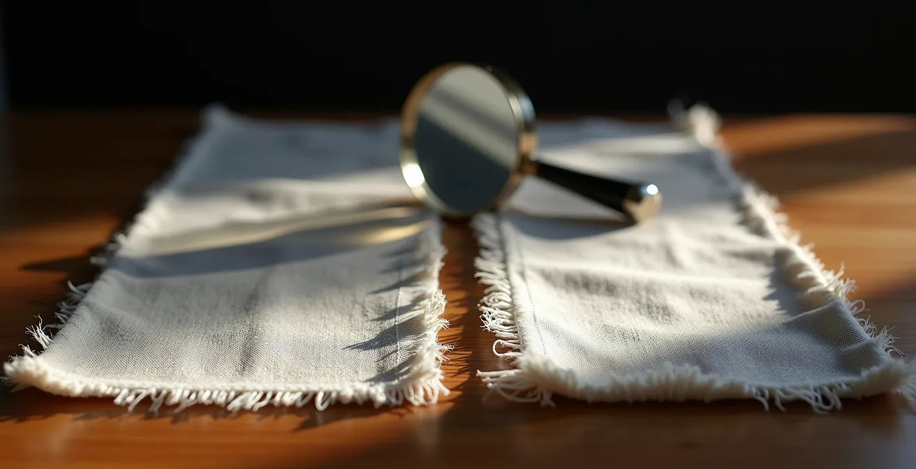 Symbolische Darstellung der Lieferkettentransparenz mit zwei kontrastierenden Stoffproben und einer Lupe.