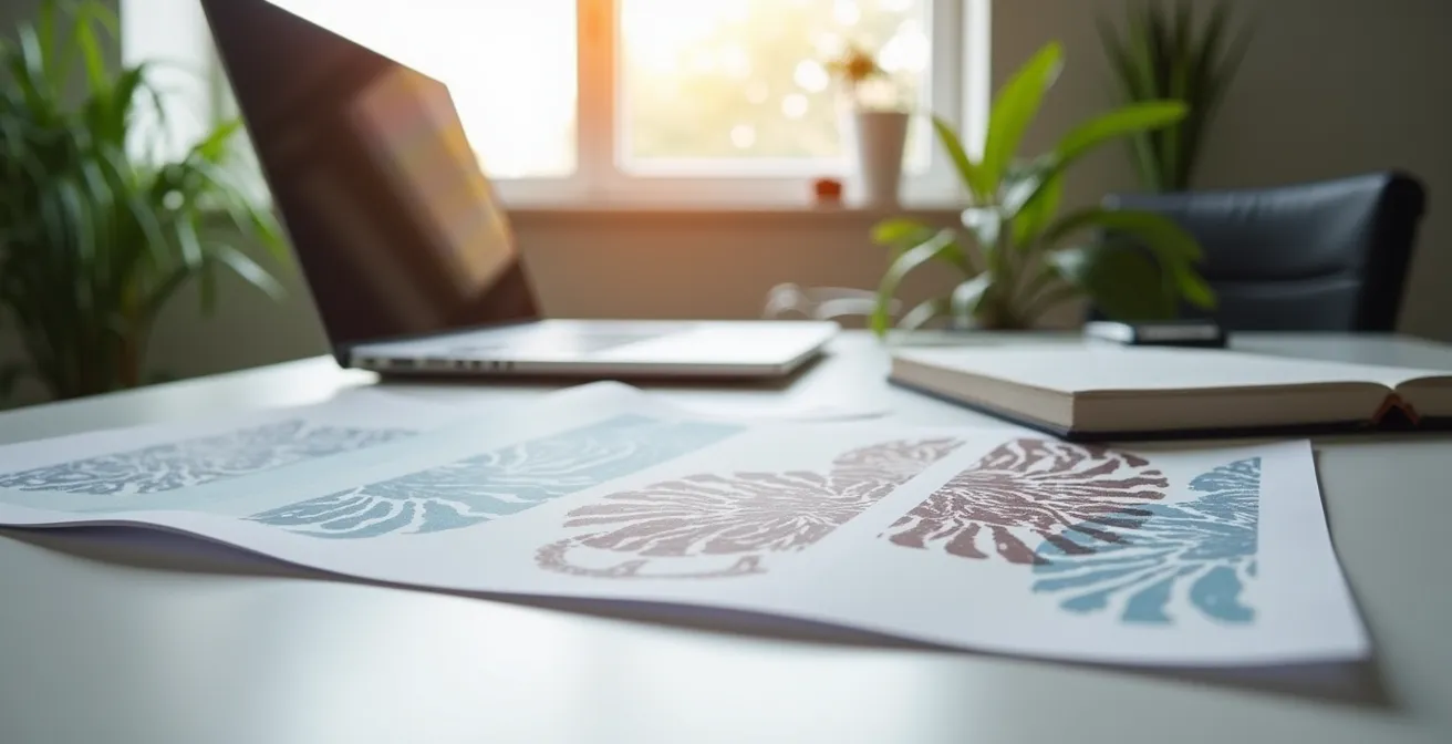 Arbeitsplatz mit Laptop und Recherche-Materialien zur Überprüfung von Markentransparenz