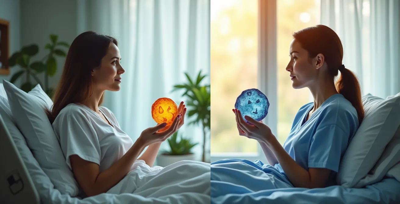 Vergleich zwischen individueller Tumorbiologie und Patientenbiologie, der die unterschiedlichen molekularen Profile zweier Patientinnen symbolisiert.