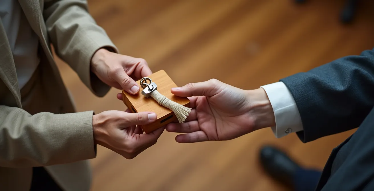 Schlüsselübergabe-Moment zwischen japanischer Gastmutter und deutschem Studenten