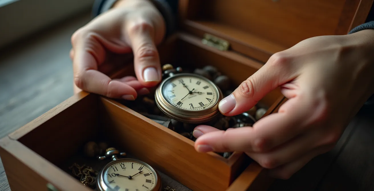 Aufgeräumte Box mit ausgewählten Erinnerungsstücken in minimalistischer Umgebung