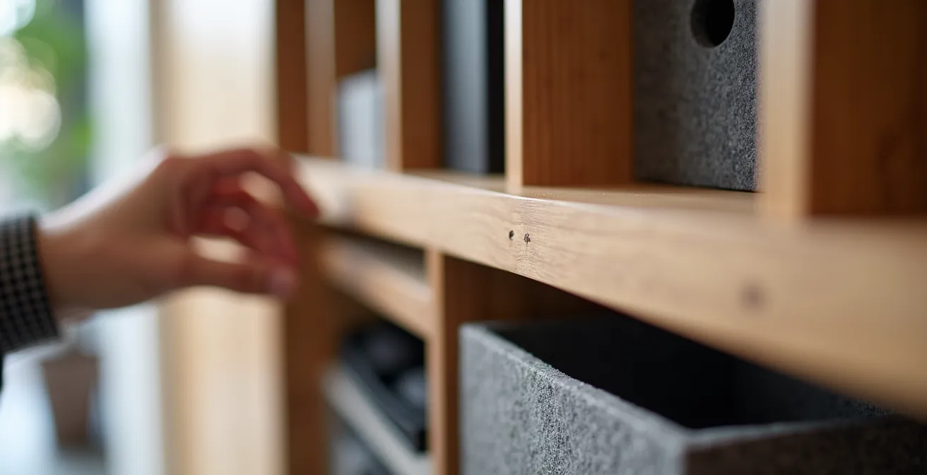 Wandmontierter Arbeitsplatz mit vertikalen Regalsystemen in kleiner Wohnung