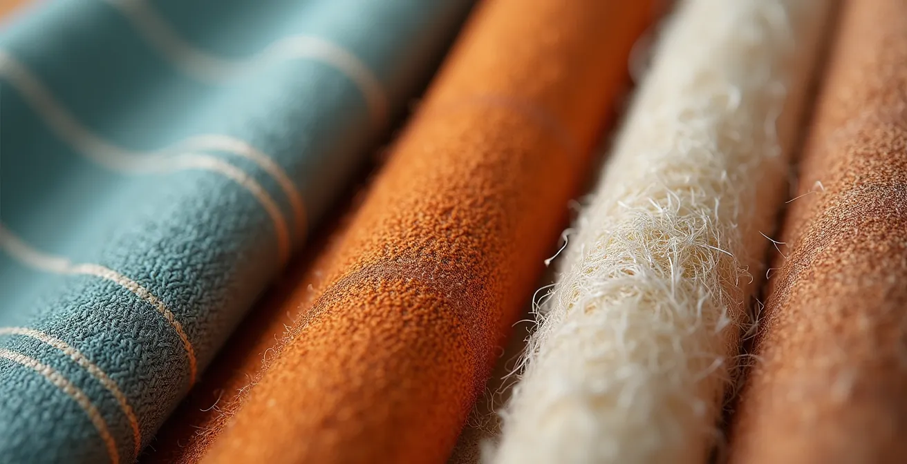 Makroaufnahme von hochwertigen Vintage-Stoffen, die die Detailqualität von Wolle und Seide zeigen.