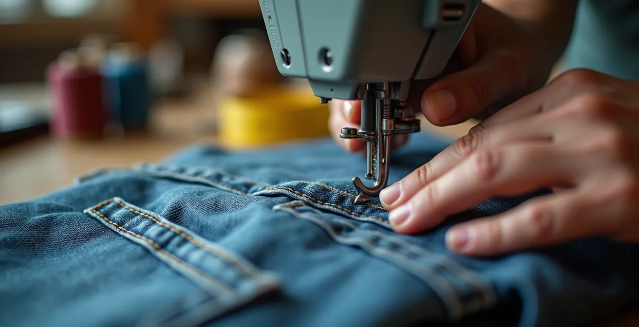 Nahaufnahme einer Vintage-Jeans, die in einer professionellen Änderungsschneiderei präzise gesäumt wird.