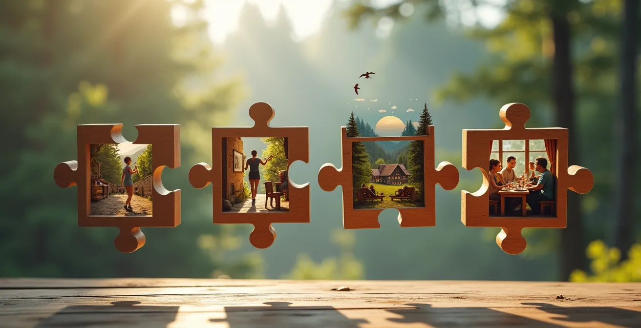 Vier verschiedene Aktivitäten in deutscher Umgebung dargestellt: eine Person im Sportverein, jemand beim Malen, ein Wanderer im Schwarzwald und Freunde am Stammtisch.