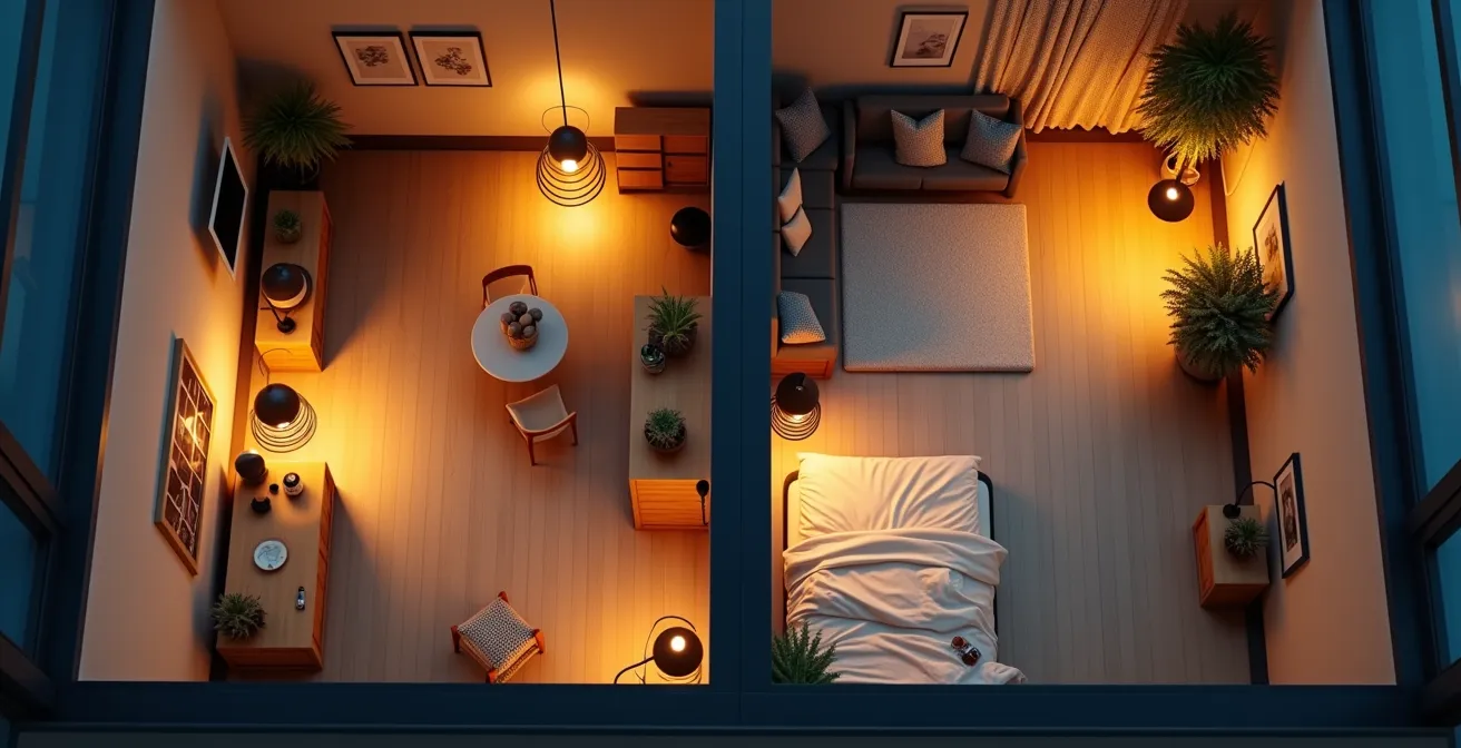 Durchdachte Raumaufteilung mit verschiedenen Beleuchtungszonen in kleiner Wohnung