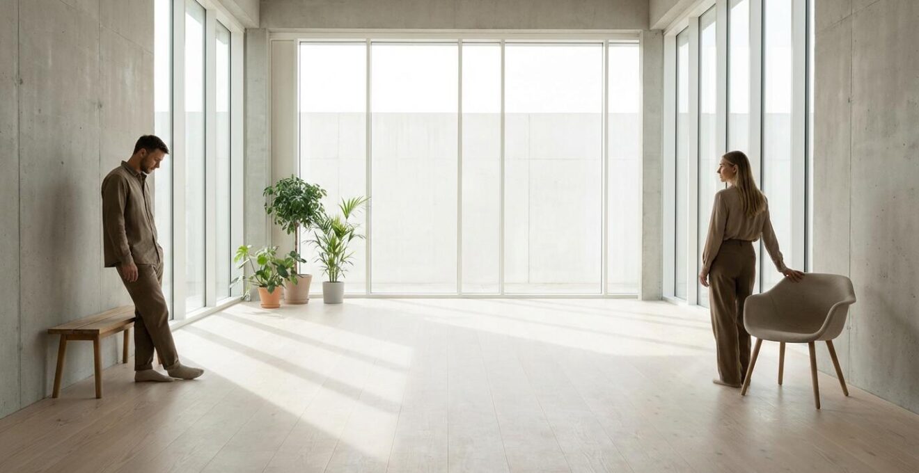 Weitwinkelaufnahme eines Paares in ruhiger Gesprächssituation mit viel negativem Raum