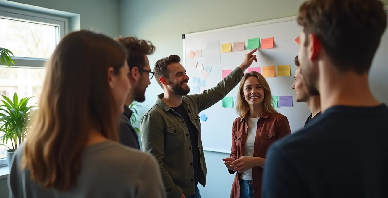 Team bei Daily Standup Meeting vor Kanban Board in deutschem Büro