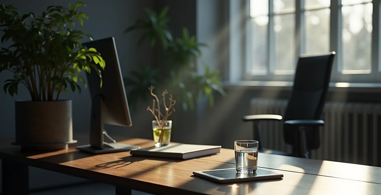 Büroumgebung mit Fokus auf Bewegungsmangel trotz ergonomischer Ausstattung