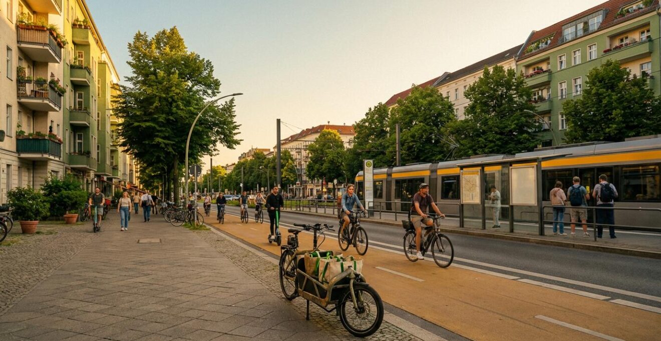 Lebendige Stadtszene mit verschiedenen nachhaltigen Verkehrsmitteln ohne Autos