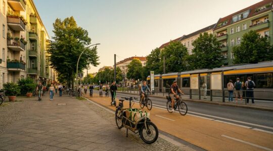 Lebendige Stadtszene mit verschiedenen nachhaltigen Verkehrsmitteln ohne Autos