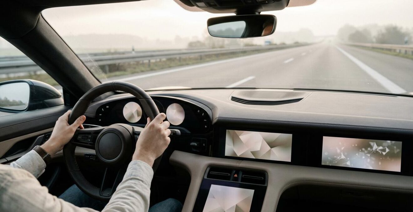 Fahrer entscheidet zwischen verschiedenen Autonomie-Levels im modernen Auto-Cockpit