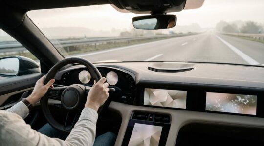 Fahrer entscheidet zwischen verschiedenen Autonomie-Levels im modernen Auto-Cockpit