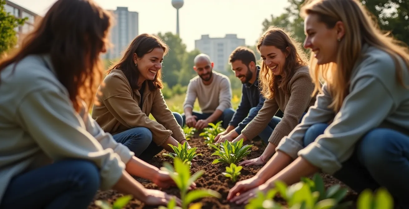 Menschen verschiedener Generationen gärtnern gemeinsam in urbaner Umgebung