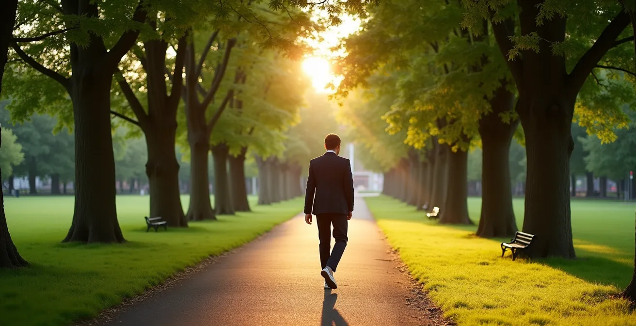 Person in Alltagskleidung beim entspannten Spaziergang durch einen grünen Park